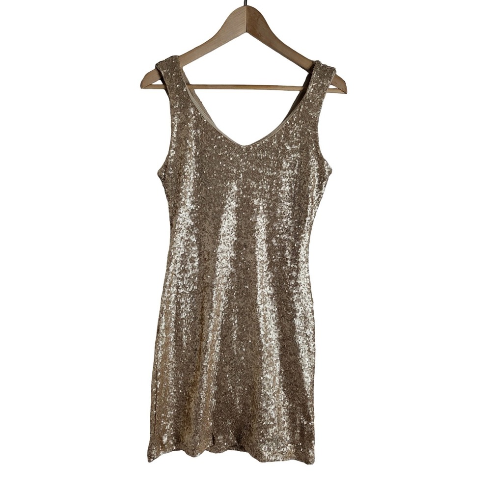 Crystal Doll Gold Sequin V-Neck Sleeveless Cocktail Mini Dress MOccasion Party